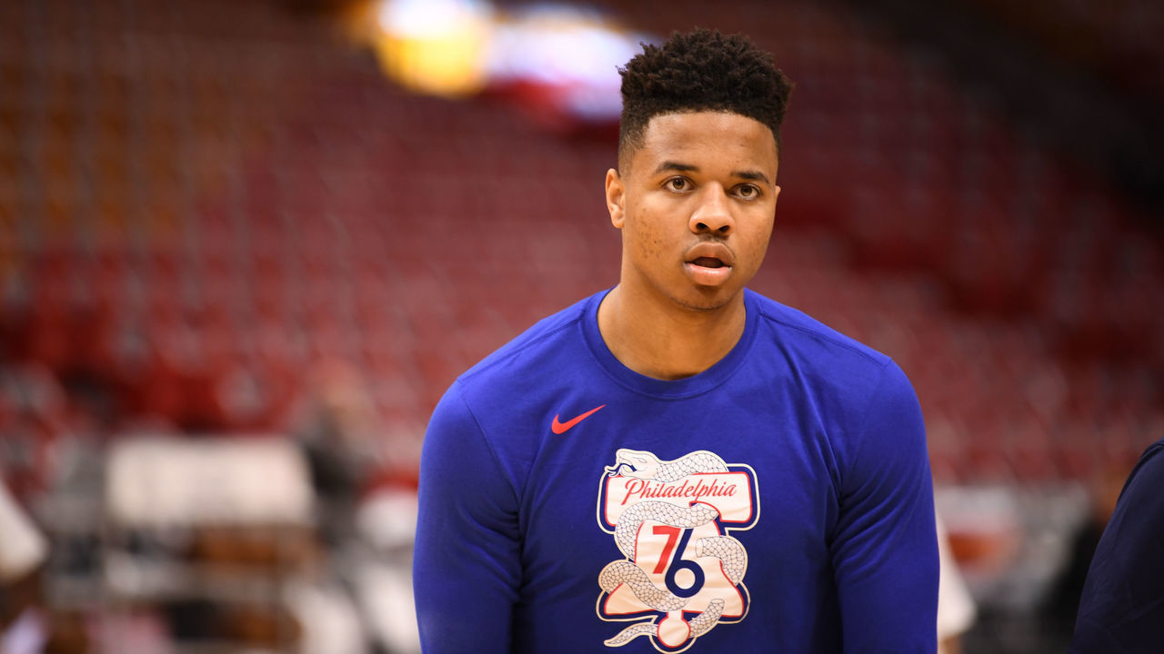 MIAMI, FL - APRIL 21: Markelle Fultz #20 of the Philadelphia 76ers warms up before Game Four of Round One of the 2018 NBA Playoffs against the Miami Heat at American Airlines Arena on April 21, 2018 in Miami, Florida. *** Local Caption *** Markelle Fultz