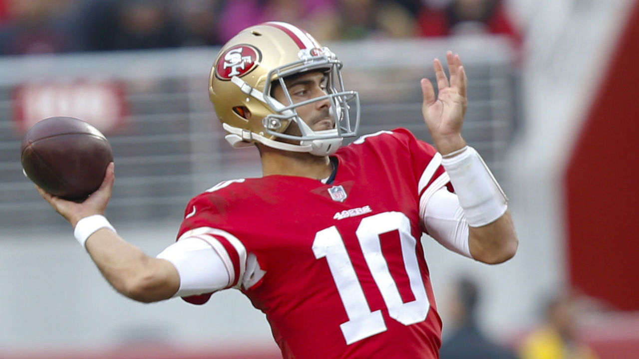 SANTA CLARA, CA - DECEMBER 24: Jimmy Garoppolo #10 of the San Francisco 49ers passes during the game against the Jacksonville Jaguars at Levi's Stadium on December 24, 2017 in Santa Clara, California. The 49ers defeated the Jaguars 44-33.