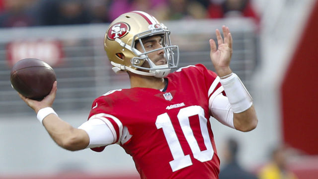 SANTA CLARA, CA - DECEMBER 24: Jimmy Garoppolo #10 of the San Francisco 49ers passes during the game against the Jacksonville Jaguars at Levi's Stadium on December 24, 2017 in Santa Clara, California. The 49ers defeated the Jaguars 44-33.