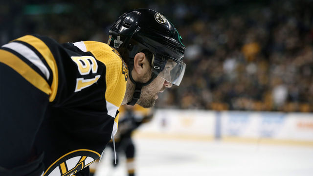 BOSTON, MA - APRIL 21: Boston Bruins right wing Rick Nash (61) eyes a face off during Game 5 of the First Round for the 2018 Stanley Cup Playoffs between the Boston Bruins and the Toronto Maple Leafs on April 21, 2018, at TD Garden in Boston, Massachusetts. The Maple Leafs defeated the Bruins 4-3.
