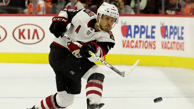 PHILADELPHIA, PA - OCTOBER 30: Niklas Hjalmarsson #4 of the Arizona Coyotes passes the puck in the first period against the Philadelphia Flyers on October 30, 2017 at Wells Fargo Center in Philadelphia, Pennsylvania.