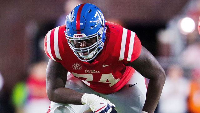OXFORD, MS - OCTOBER 21: Ole Miss Bears offensive lineman Greg Little (74) during a football game between the LSU Tigers and Ole Miss Bears at Vaught Hemingway Stadium in Oxford Mississippi on October 21, 2017.