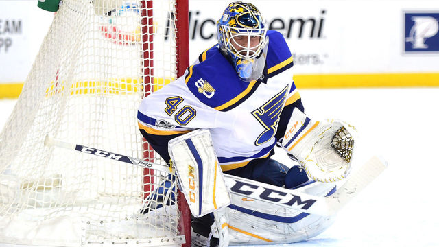 ANAHEIM, CA - JANUARY 15: Carter Hutton #40 of the St. Louis Blues in goal against the Anaheim Ducks at Honda Center on January 15, 2017 in Anaheim, California.