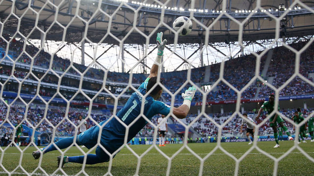 VOLGOGRAD, RUSSIA - JUNE 25: Essam El Hadary of Egypt saves a penalty from Fahad Almuwallad of Saudi Arabia during the 2018 FIFA World Cup Russia group A match between Saudia Arabia and Egypt at Volgograd Arena on June 25, 2018 in Volgograd, Russia.