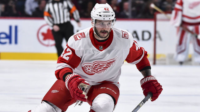 MONTREAL, QC - MARCH 26: Martin Frk #42 of the Detroit Red Wings skates against the Montreal Canadiens during the NHL game at the Bell Centre on March 26, 2018 in Montreal, Quebec, Canada. The Montreal Canadiens defeated the Detroit Red Wings 4-2.