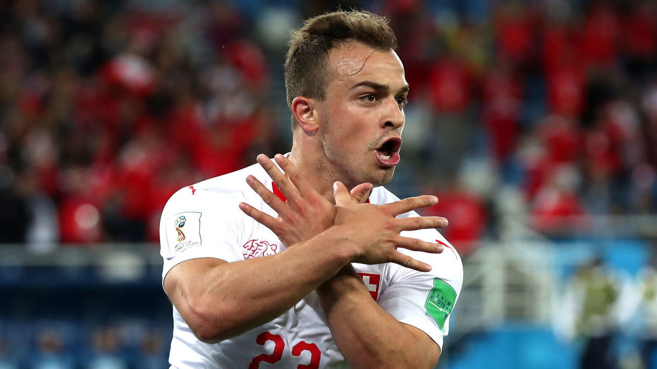 KALININGRAD, RUSSIA - JUNE 22: Xherdan Shaqiri of Switzerland celebrates after scoring his team's second goal during the 2018 FIFA World Cup Russia group E match between Serbia and Switzerland at Kaliningrad Stadium on June 22, 2018 in Kaliningrad, Russia.