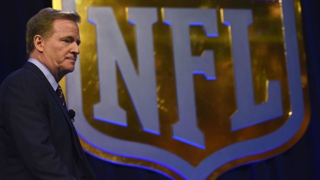 NFL Commissioner Roger Goodell arrives for the Super Bowl 50 press conference February 5, 2016 at the Moscone Convention Center in San Francisco, California. A perfectly scripted duel between Peyton Manning and his heir apparent Cam Newton will captivate America on Sunday as the Super Bowl marks its 50th anniversary with a quarterback showdown for the ages. / AFP / Timothy A. CLARY