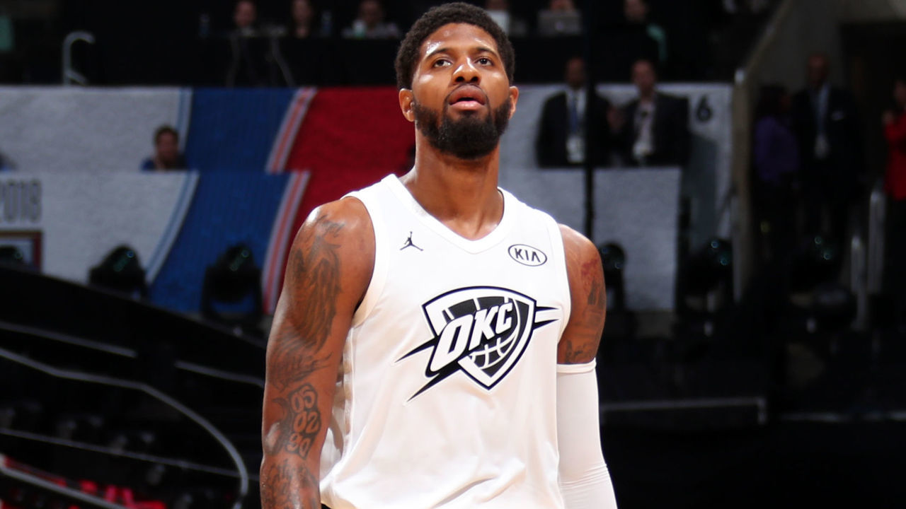 LOS ANGELES, CA - FEBRUARY 18: Paul George #13 of Team LeBron looks on during the game against Team Stephen during the NBA All-Star Game as a part of 2018 NBA All-Star Weekend at STAPLES Center on February 18, 2018 in Los Angeles, California. NOTE TO USER: User expressly acknowledges and agrees that, by downloading and/or using this photograph, user is consenting to the terms and conditions of the Getty Images License Agreement. Mandatory Copyright Notice: Copyright 2018 NBAE