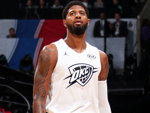 LOS ANGELES, CA - FEBRUARY 18: Paul George #13 of Team LeBron looks on during the game against Team Stephen during the NBA All-Star Game as a part of 2018 NBA All-Star Weekend at STAPLES Center on February 18, 2018 in Los Angeles, California. NOTE TO USER: User expressly acknowledges and agrees that, by downloading and/or using this photograph, user is consenting to the terms and conditions of the Getty Images License Agreement. Mandatory Copyright Notice: Copyright 2018 NBAE