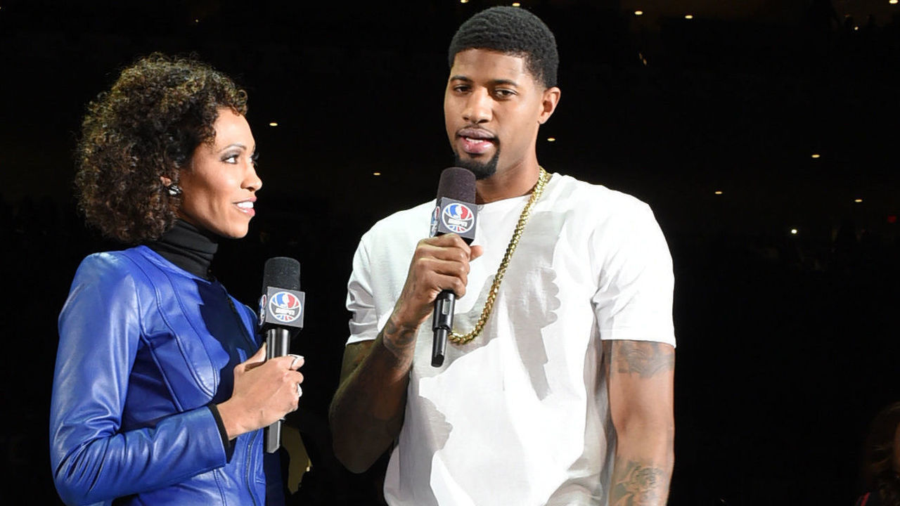 TORONTO, CANADA - FEBRUARY 12: Paul George of the Indiana Pacers is interviewed by Sage Steele of ESPN during the NBA All-Star Celebrity Game Presented by Mountain Dew as part of 2016 All-Star Weekend at the Ricoh Coliseum on February 12, 2016 in Toronto, Ontario, Canada. NOTE TO USER: User expressly acknowledges and agrees that, by downloading and/or using this photograph, user is consenting to the terms and conditions of the Getty Images License Agreement. Mandatory Copyright Notice: Copyright 2016 NBAE