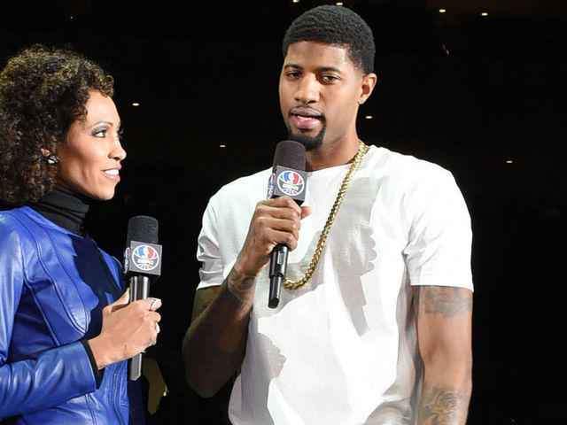 TORONTO, CANADA - FEBRUARY 12: Paul George of the Indiana Pacers is interviewed by Sage Steele of ESPN during the NBA All-Star Celebrity Game Presented by Mountain Dew as part of 2016 All-Star Weekend at the Ricoh Coliseum on February 12, 2016 in Toronto, Ontario, Canada. NOTE TO USER: User expressly acknowledges and agrees that, by downloading and/or using this photograph, user is consenting to the terms and conditions of the Getty Images License Agreement. Mandatory Copyright Notice: Copyright 2016 NBAE