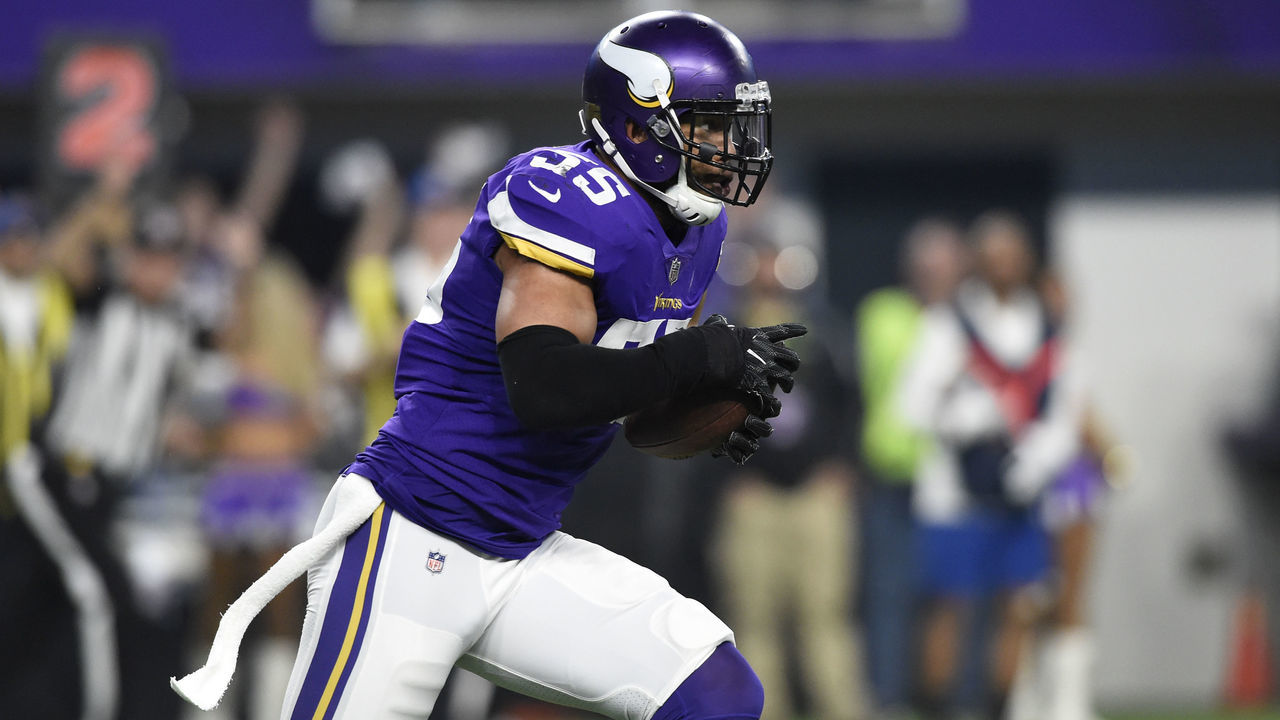 MINNEAPOLIS, MN - JANUARY 14: Anthony Barr #55 of the Minnesota Vikings runs with the ball after intercepting Drew Brees #9 of the New Orleans Saints in the second quarter of the NFC Divisional Playoff game on January 14, 2018 at U.S. Bank Stadium in Minneapolis, Minnesota.