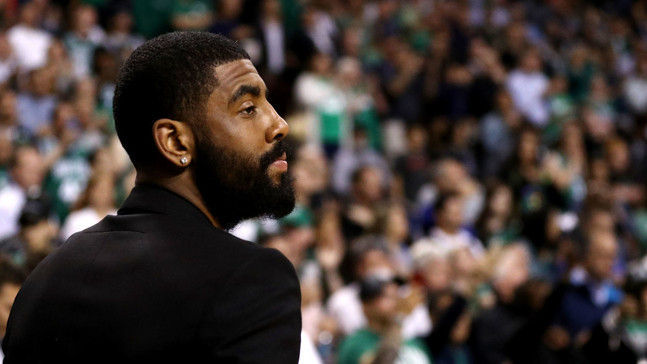 BOSTON, MA - MAY 9: Kyrie Irving #11 of the Boston Celtics looks on before Game Five against the Philadelphia 76ers in the Eastern Conference Second Round of the 2018 NBA Playoffs at TD Garden on May 9, 2018 in Boston, Massachusetts.
