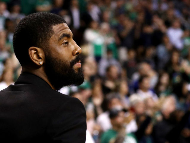 BOSTON, MA - MAY 9: Kyrie Irving #11 of the Boston Celtics looks on before Game Five against the Philadelphia 76ers in the Eastern Conference Second Round of the 2018 NBA Playoffs at TD Garden on May 9, 2018 in Boston, Massachusetts.