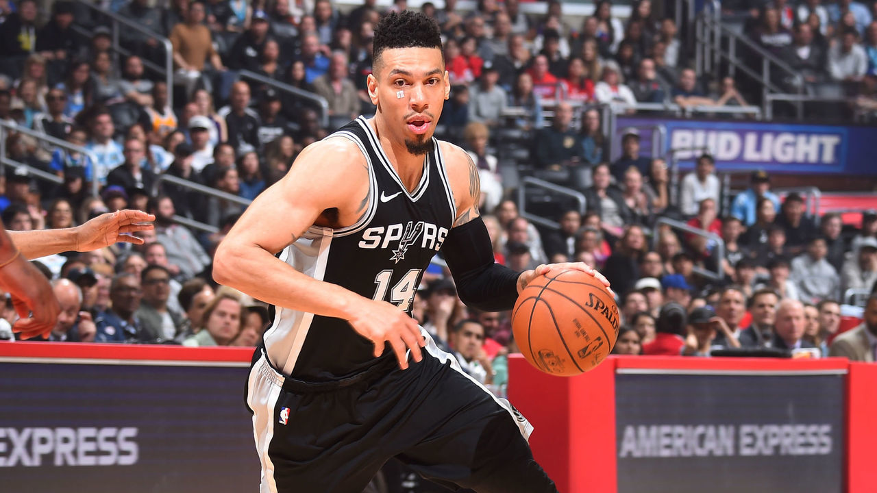 LOS ANGELES, CA - APRIL 3: Danny Green #14 of the San Antonio Spurs handles the ball against the LA Clippers on April 3, 2018 at STAPLES Center in Los Angeles, California. NOTE TO USER: User expressly acknowledges and agrees that, by downloading and/or using this photograph, user is consenting to the terms and conditions of the Getty Images License Agreement. Mandatory Copyright Notice: Copyright 2018 NBAE