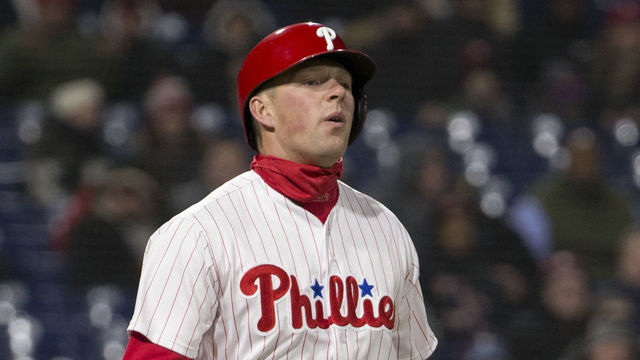 PHILADELPHIA, PA - APRIL 10: Rhys Hoskins #17 of the Philadelphia Phillies reacts after striking out on a check swing in the bottom of the fourth inning against the Cincinnati Reds at Citizens Bank Park on April 10, 2018 in Philadelphia, Pennsylvania.