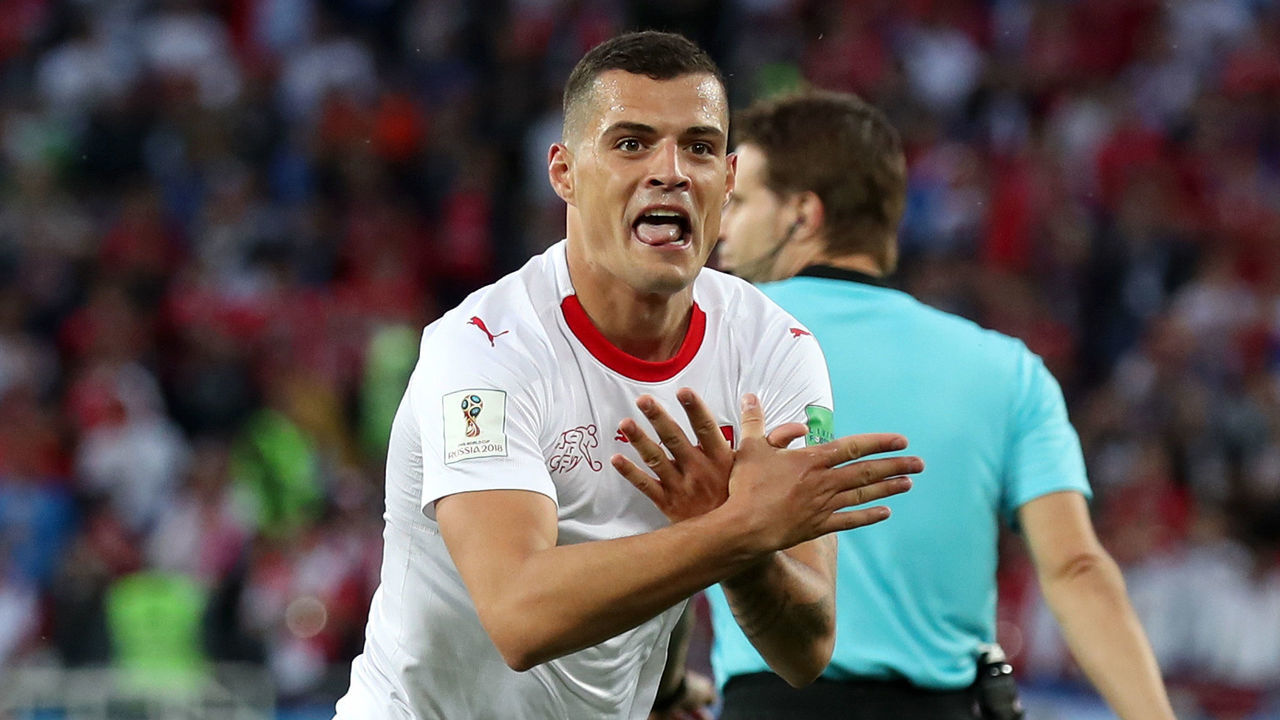KALININGRAD, RUSSIA - JUNE 22: Granit Xhaka of Switzerland celebrates after scoring his team's first goal during the 2018 FIFA World Cup Russia group E match between Serbia and Switzerland at Kaliningrad Stadium on June 22, 2018 in Kaliningrad, Russia.