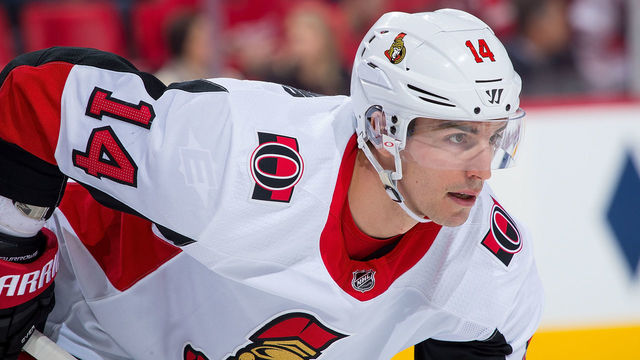 DETROIT, MI - MARCH 31: Alexandre Burrows #14 of the Ottawa Senators gets set for the face-off against the Detroit Red Wings during an NHL game at Little Caesars Arena on March 31, 2018 in Detroit, Michigan. The Wings defeated the Senators 2-0. *** Local Caption *** Alexandre Burrows