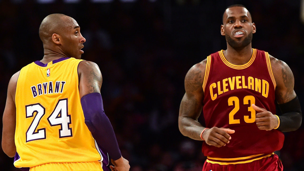 LOS ANGELES, CA - MARCH 10: LeBron James #23 of the Cleveland Cavaliers and Kobe Bryant #24 of the Los Angeles Lakers match up during the first half at Staples Center on March 10, 2016 in Los Angeles, California. NOTE TO USER: User expressly acknowledges and agrees that, by downloading and or using this Photograph, user is consenting to the terms and condition of the Getty Images License Agreement.