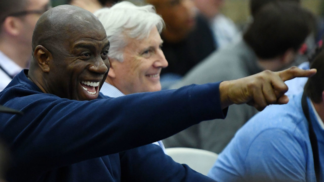 CHICAGO, IL - MAY 17: Earvin 'Magic' Johnson, president of basketball operations of the Los Angeles Lakers, watches action during Day One of the NBA Draft Combine at Quest MultiSport Complex on May 17, 2018 in Chicago, Illinois.
