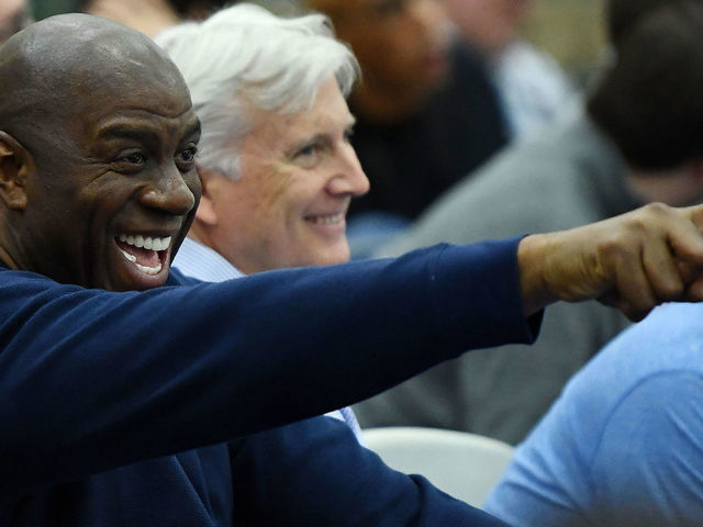 CHICAGO, IL - MAY 17: Earvin 'Magic' Johnson, president of basketball operations of the Los Angeles Lakers, watches action during Day One of the NBA Draft Combine at Quest MultiSport Complex on May 17, 2018 in Chicago, Illinois.
