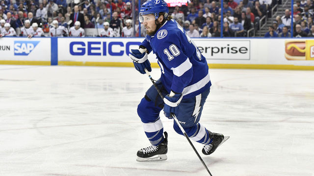 TAMPA, FL - MAY 23: Tampa Bay Lightning center J.T. Miller (10) during the first period of the seventh game of the NHL Stanley Cup Eastern Conference Final between the Washington Capitals and the Tampa Bay Lightning on May 23, 2018, at Amalie Arena in Tampa, FL.