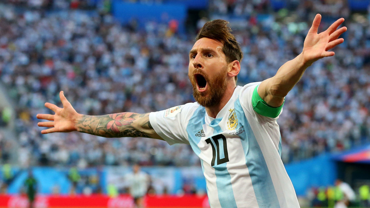 SAINT PETERSBURG, RUSSIA - JUNE 26: Lionel Messi of Argentina celebrates after scoring his team's first goal during the 2018 FIFA World Cup Russia group D match between Nigeria and Argentina at Saint Petersburg Stadium on June 26, 2018 in Saint Petersburg, Russia.