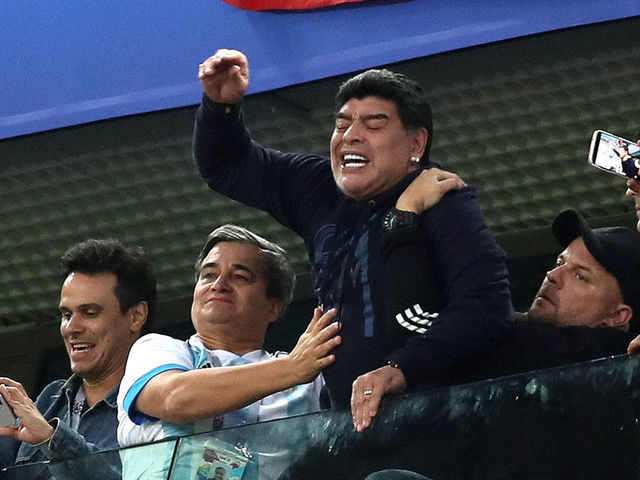 SAINT PETERSBURG, RUSSIA - JUNE 26: Diego Armando Maradona celebrates Argentina's victory following the 2018 FIFA World Cup Russia group D match between Nigeria and Argentina at Saint Petersburg Stadium on June 26, 2018 in Saint Petersburg, Russia.