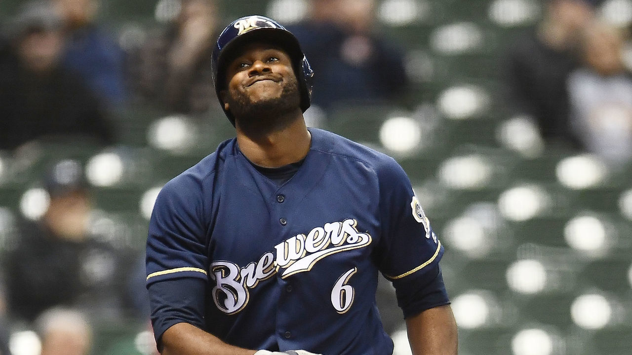 MILWAUKEE, WI - APRIL 16: Lorenzo Cain #6 of the Milwaukee Brewers reacts to a strike out during the first inning against the Cincinnati Reds at Miller Park on April 16, 2018 in Milwaukee, Wisconsin.
