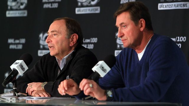 TORONTO, CANADA - JANUARY 1: NHL Commissioner Gary Bettman and NHL Centennial Ambassador Wayne Gretzky speak to the media prior to the 2017 Scotiabank NHL Centennial Classic between the Toronto Maple Leafs and the Detroit Red Wings at BMO Field on January 1, 2017 in Toronto, Ontario, Canada.