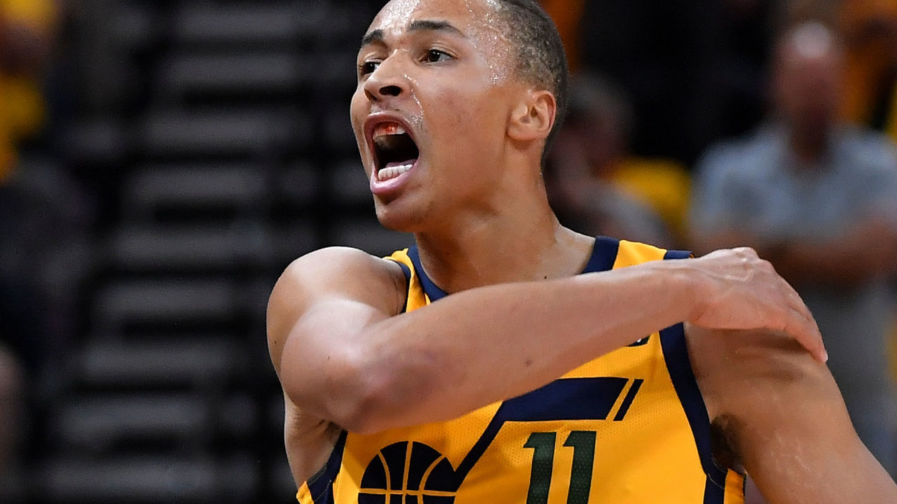 SALT LAKE CITY, UT - MAY 06: Dante Exum #11 of the Utah Jazz reacts to a play where he was hit in the mouth in the first half during Game Four of Round Two of the 2018 NBA Playoffs against the Houston Rockets at Vivint Smart Home Arena on May 6, 2018 in Salt Lake City, Utah.