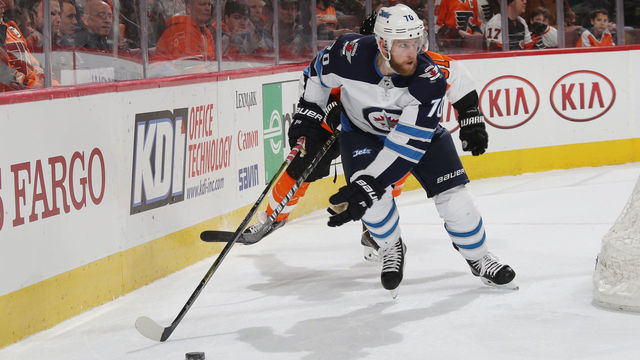 PHILADELPHIA, PA - MARCH 10: Joe Morrow #70 of the Winnipeg Jets skates against the Philadelphia Flyers at the Wells Fargo Center on March 10, 2018 in Philadelphia, Pennsylvania.