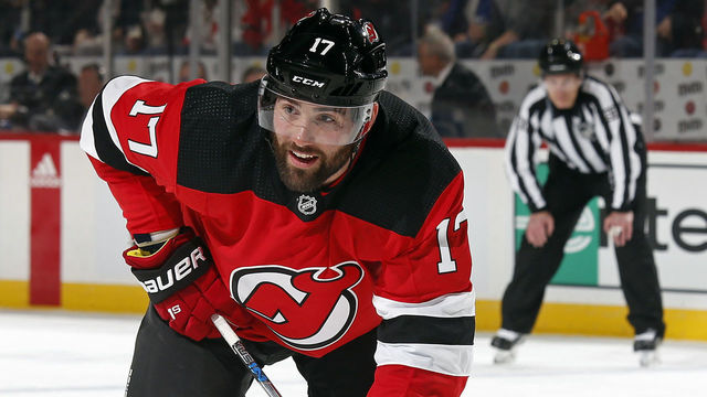 NEWARK, NJ - MARCH 4: Patrick Maroon #17 of the New Jersey Devils in action against the Vegas Golden Knights during the second period at the Prudential Center on March 4, 2018 in Newark, New Jersey.