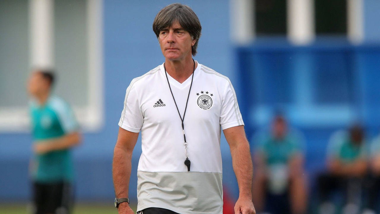 KAZAN, RUSSIA - JUNE 26: Joachim Loew, Manager of Germany looks on during a Germany training session at Electron Stadium on June 26, 2018 in Kazan, Russia.