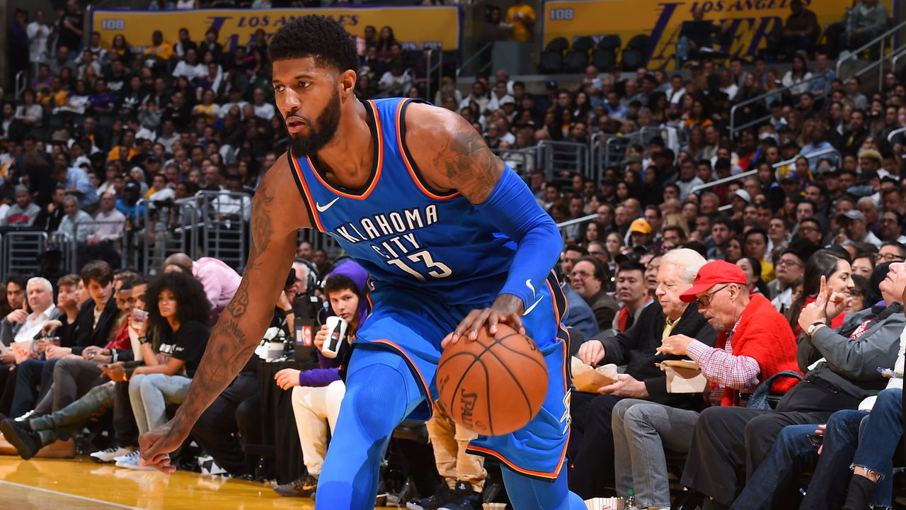 LOS ANGELES, CA - FEBRUARY 8: Paul George #13 of the Oklahoma City Thunder handles the ball against the Los Angeles Lakers on February 8, 2018 at STAPLES Center in Los Angeles, California. NOTE TO USER: User expressly acknowledges and agrees that, by downloading and/or using this Photograph, user is consenting to the terms and conditions of the Getty Images License Agreement. Mandatory Copyright Notice: Copyright 2018 NBAE