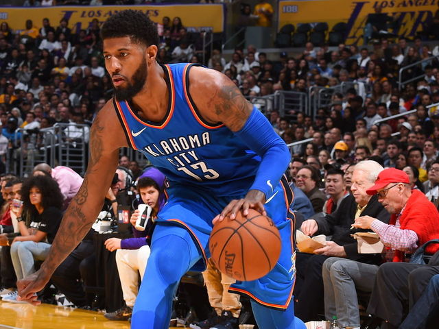 LOS ANGELES, CA - FEBRUARY 8: Paul George #13 of the Oklahoma City Thunder handles the ball against the Los Angeles Lakers on February 8, 2018 at STAPLES Center in Los Angeles, California. NOTE TO USER: User expressly acknowledges and agrees that, by downloading and/or using this Photograph, user is consenting to the terms and conditions of the Getty Images License Agreement. Mandatory Copyright Notice: Copyright 2018 NBAE