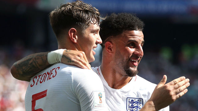 NIZHNY NOVGOROD, RUSSIA - JUNE 24: John Stones of England celebrates with Kyle Walker after scoring his team's fourth goal during the 2018 FIFA World Cup Russia group G match between England and Panama at Nizhny Novgorod Stadium on June 24, 2018 in Nizhny Novgorod, Russia.