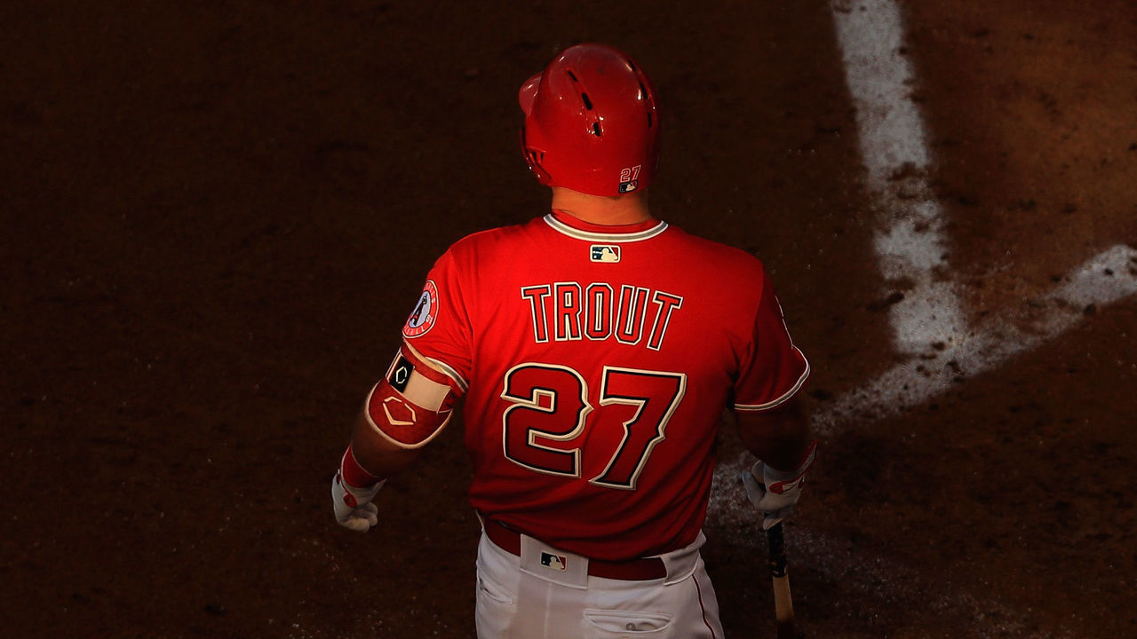 ANAHEIM, CA - JUNE 23: Mike Trout #27 of the Los Angeles Angels of Anaheim at bat during the third inning of a game against the Toronto Blue Jays at Angel Stadium on June 23, 2018 in Anaheim, California.
