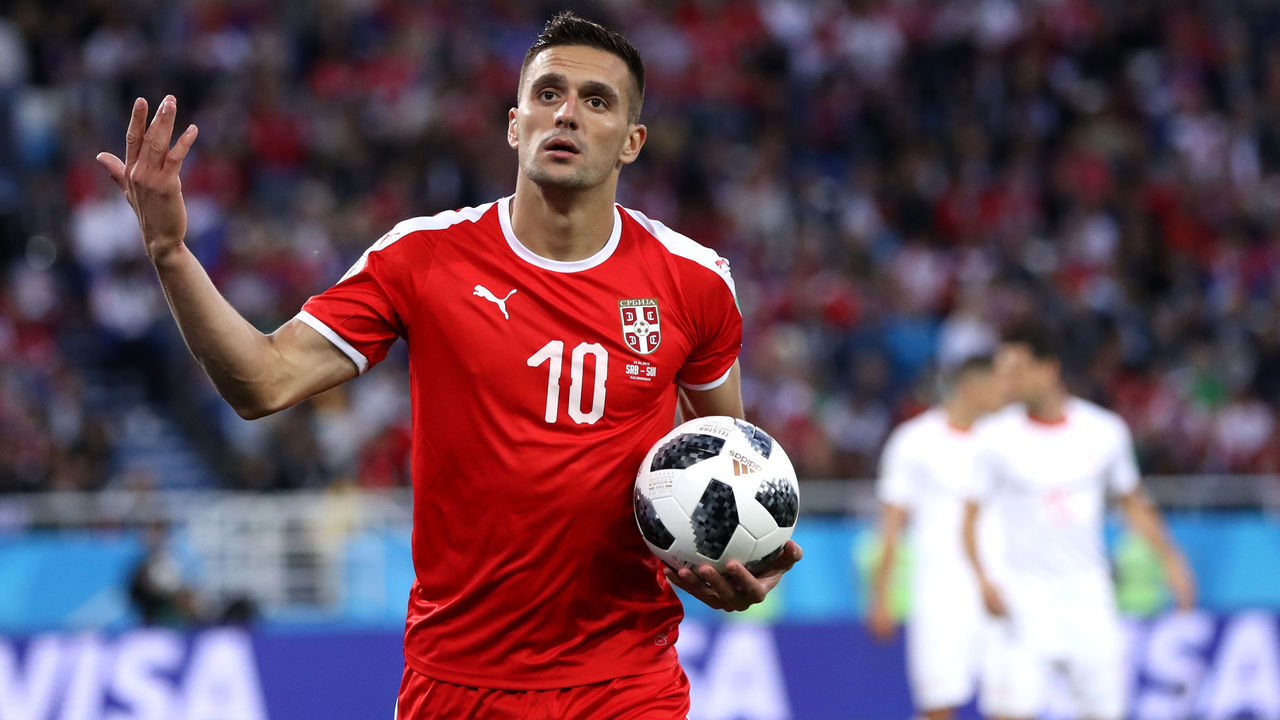 KALININGRAD, RUSSIA - JUNE 22: Dusan Tadic of Serbia reacts during the 2018 FIFA World Cup Russia group E match between Serbia and Switzerland at Kaliningrad Stadium on June 22, 2018 in Kaliningrad, Russia.