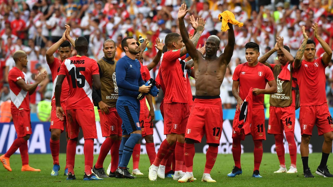 Peru's players celebrate after winning the Russia 2018 World Cup Group C football match between Australia and Peru at the Fisht Stadium in Sochi on June 26, 2018.