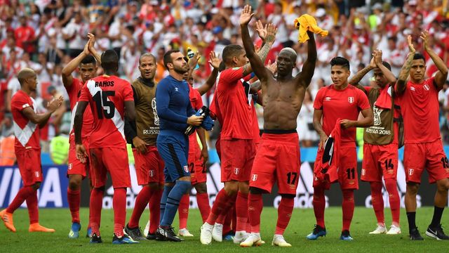 Peru's players celebrate after winning the Russia 2018 World Cup Group C football match between Australia and Peru at the Fisht Stadium in Sochi on June 26, 2018.