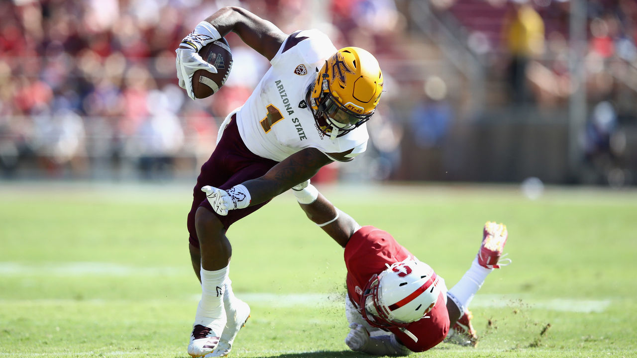 PALO ALTO, CA - SEPTEMBER 30: N'Keal Harry #1 of the Arizona State Sun Devils tries to get away from Alameen Murphy #4 of the Stanford Cardinal at Stanford Stadium on September 30, 2017 in Palo Alto, California.