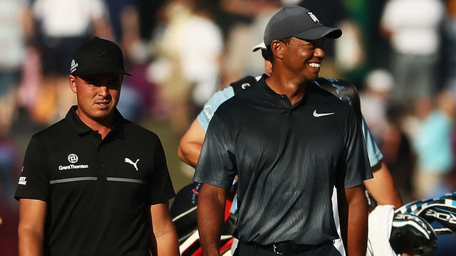 PONTE VEDRA BEACH, FL - MAY 11: Rickie Fowler of the United States, Tiger Woods of the United States and Phil Mickelson of the United States walk on the tenth hole during the second round of THE PLAYERS Championship on the Stadium Course at TPC Sawgrass on May 11, 2018 in Ponte Vedra Beach, Florida.
