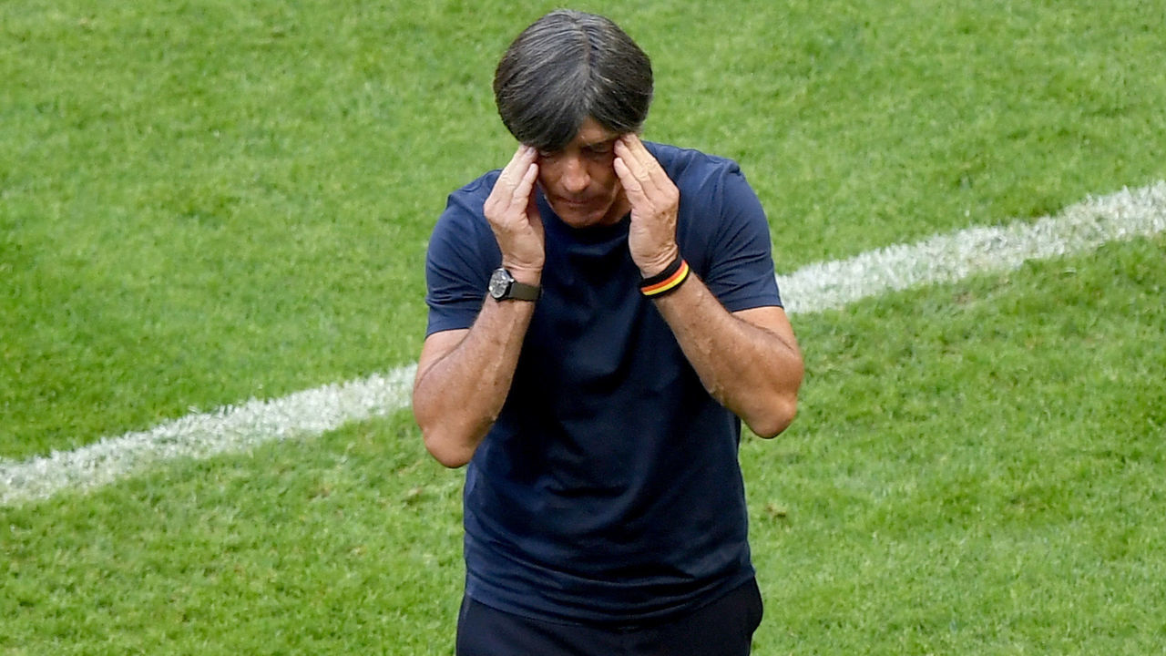 KAZAN, RUSSIA - JUNE 27: Joachim Loew, Manager of Germany looks dejected during the 2018 FIFA World Cup Russia group F match between Korea Republic and Germany at Kazan Arena on June 27, 2018 in Kazan, Russia.