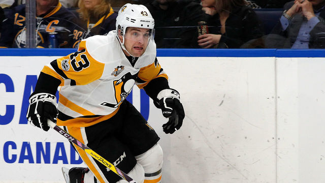 BUFFALO, NY - MARCH 21: Conor Sheary #43 of the Pittsburgh Penguins skates in to score a goal on the Buffalo Sabres during the third period at the KeyBank Center on March 21, 2017 in Buffalo, New York. The Penguins beat the Sabres 3-1.