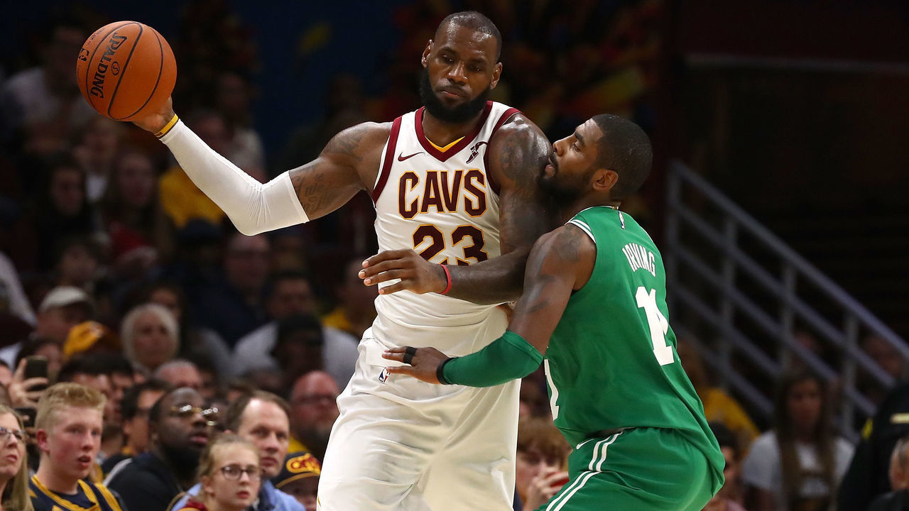 CLEVELAND, OH - OCTOBER 17: LeBron James #23 of the Cleveland Cavaliers looks to get around Kyrie Irving #11 of the Boston Celtics during the second half at Quicken Loans Arena on October 17, 2017 in Cleveland, Ohio. Cleveland won the game 102-99.