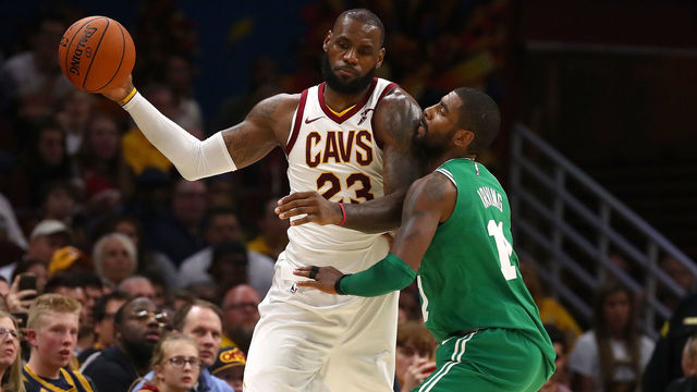CLEVELAND, OH - OCTOBER 17: LeBron James #23 of the Cleveland Cavaliers looks to get around Kyrie Irving #11 of the Boston Celtics during the second half at Quicken Loans Arena on October 17, 2017 in Cleveland, Ohio. Cleveland won the game 102-99.