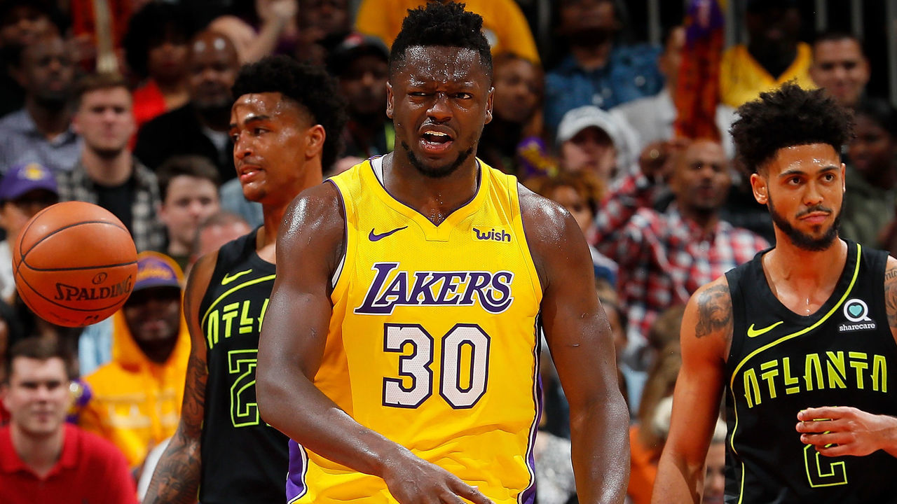 ATLANTA, GA - FEBRUARY 26: Julius Randle #30 of the Los Angeles Lakers reacts after drawing a foul on a basket against the Atlanta Hawks at Philips Arena on February 26, 2018 in Atlanta, Georgia.