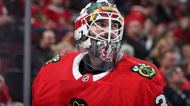 CHICAGO, IL - MARCH 18: Goalie Jean-François Bérubé #34 of the Chicago Blackhawks looks across the ice in the third period against the St. Louis Blues at the United Center on March 18, 2018 in Chicago, Illinois. The St. Louis Blues defeated the Chicago Blackhawks 5-4.