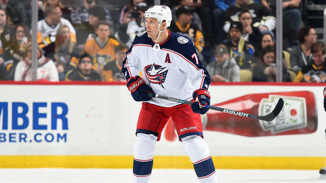 PITTSBURGH, PA - DECEMBER 21: Jack Johnson #7 of the Columbus Blue Jackets skates against the Pittsburgh Penguins at PPG Paints Arena on December 21, 2017 in Pittsburgh, Pennsylvania. *** Local Caption ***